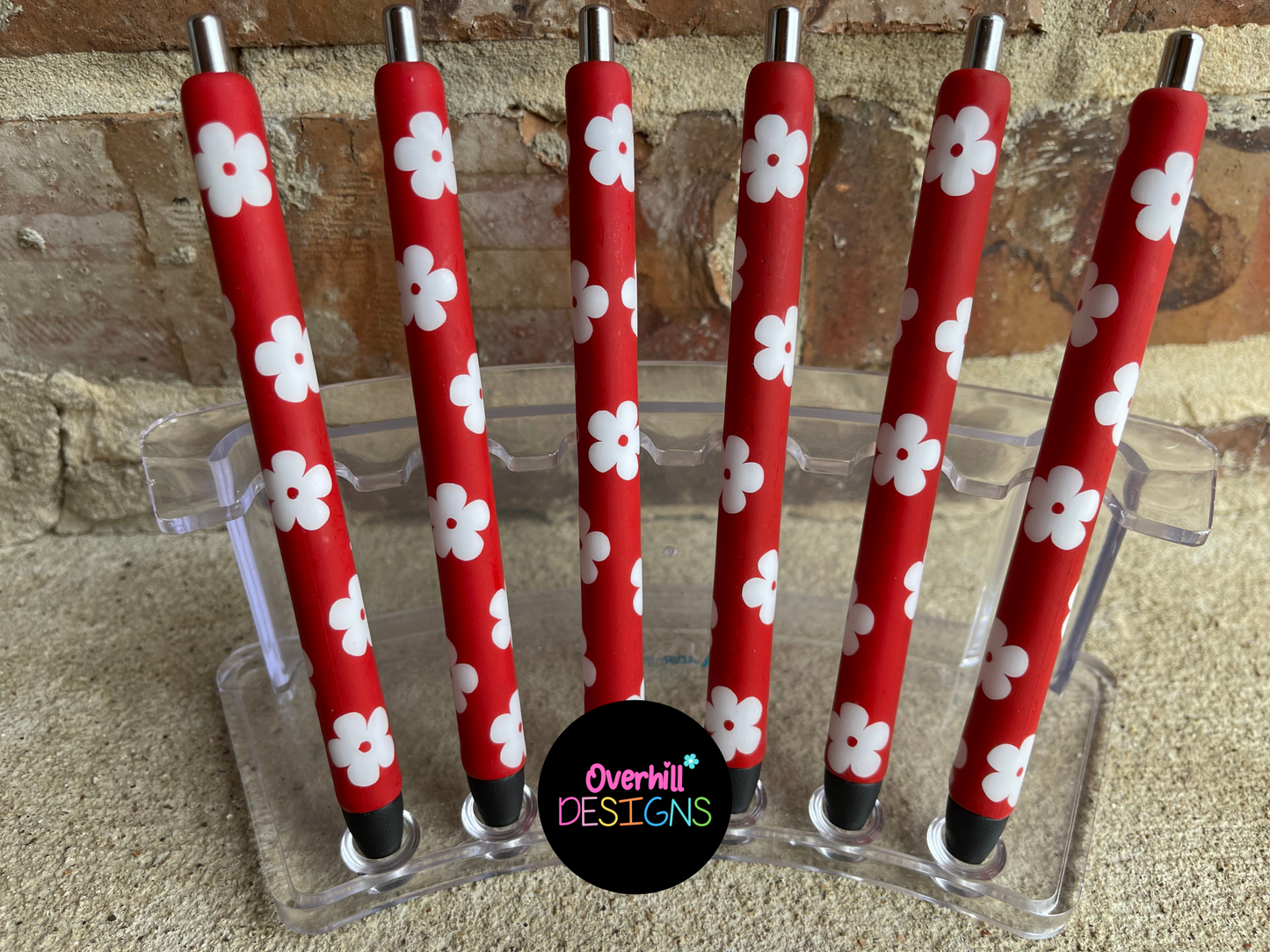 Matte Red Pen With White Flowers